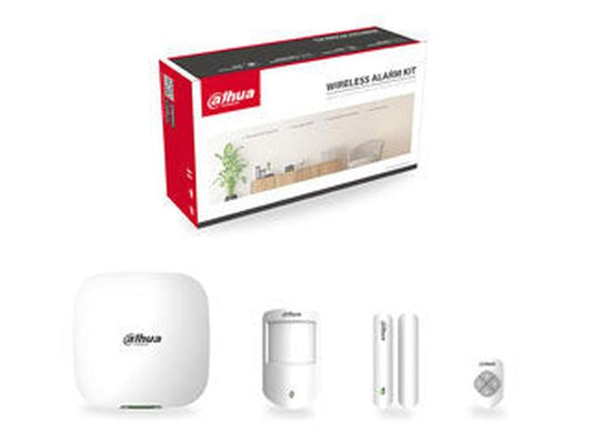 Dahua draadloze alarm starterskit met witte Hub 2, bewegingsmelder, deurcontact en afstandsbediening in verpakking.