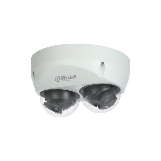 Witte Dahua multi-sensor mini dome camera met twee verstelbare lenzen en robuuste IP67 behuizing.