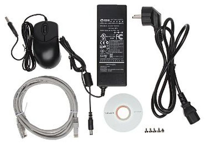Dahua NVR accessoireset met zwarte computermuis, stroomadapter, grijze netwerkkabel, software-cd en bevestigingsschroeven.