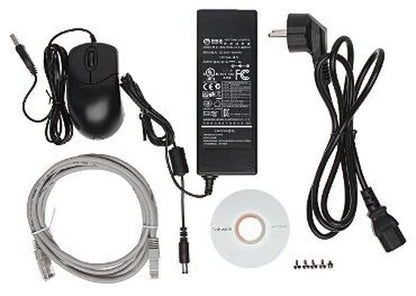 Dahua NVR accessoireset met zwarte computermuis, stroomadapter, grijze netwerkkabel, software-cd en bevestigingsschroeven.