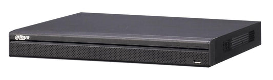Zwarte Dahua DH-NVR5208-4KS2 netwerkvideorecorder met geperforeerd frontpaneel en USB-poort.
