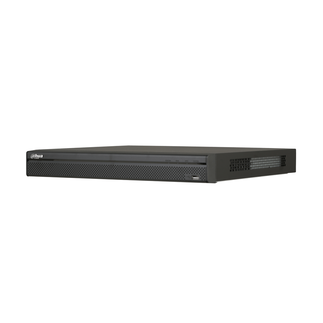 Zwarte Dahua 16-kanaals NVR met geperforeerd frontpaneel, statuslampjes en USB-poort voor videobewaking.