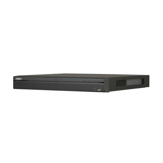 Zwarte Dahua 16-kanaals NVR met geperforeerd frontpaneel, statuslampjes en USB-poort voor videobewaking.