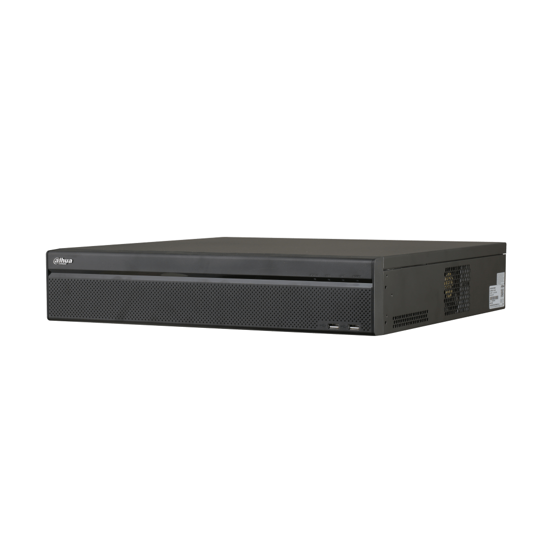 Zwarte Dahua DH-NVR5832R-4KS2 netwerkvideorecorder met geperforeerd frontpaneel en USB-poorten in een professionele behuizing.