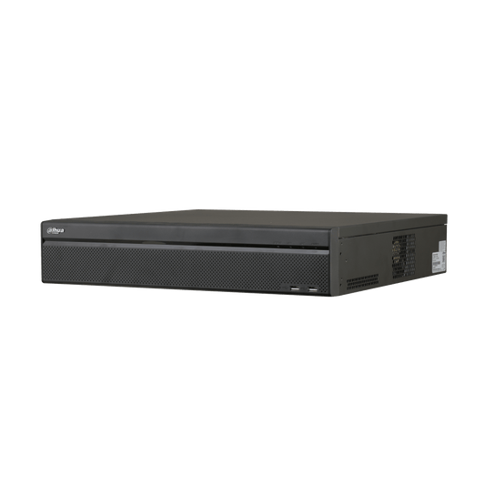 Zwarte Dahua DH-NVR5832R-4KS2 netwerkvideorecorder met geperforeerd frontpaneel en USB-poorten in een professionele behuizing.