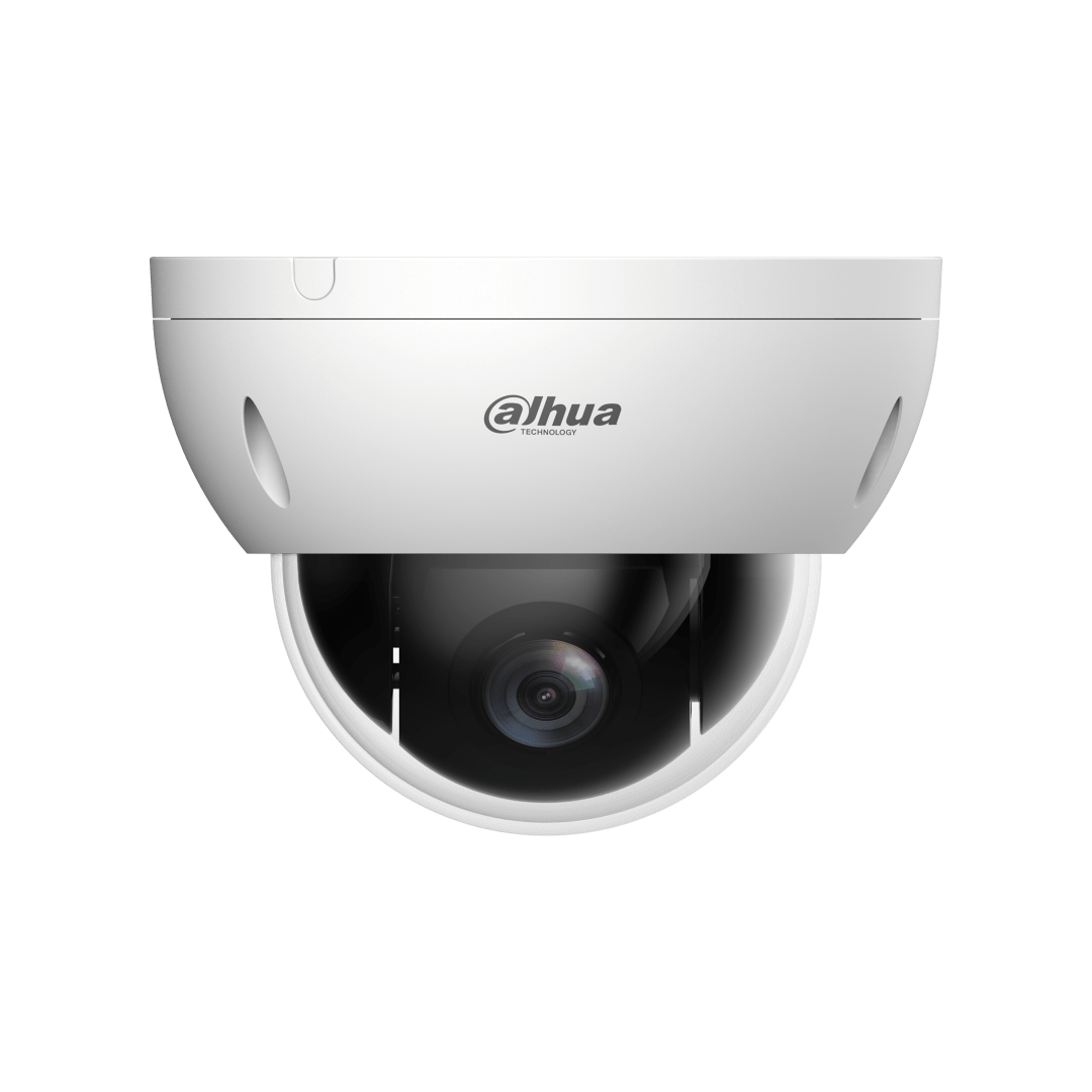 Witte Dahua 4MP PTZ-domecamera met 4x optische zoom en robuuste IK10-behuizing voor videobewaking.