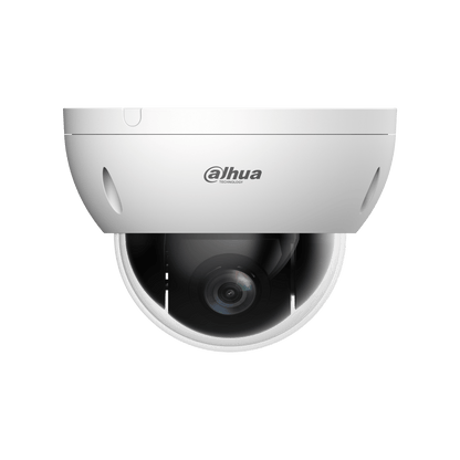 Witte Dahua 4MP PTZ-domecamera met 4x optische zoom en robuuste IK10-behuizing voor videobewaking.