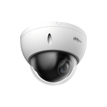 Witte Dahua dome-beveiligingscamera met 4x optische zoom en robuuste IK10-behuizing voor videobewaking.