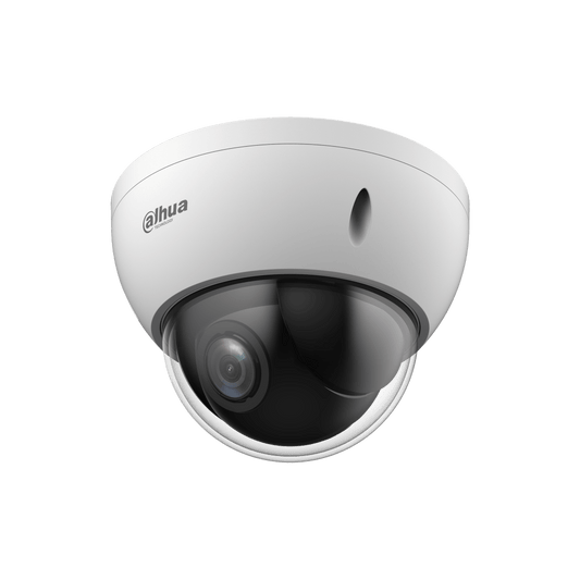 Witte Dahua dome-beveiligingscamera met 4x optische zoom, transparante koepel en robuuste IK10-behuizing.