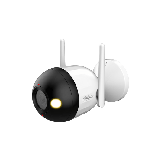 Witte Dahua F4C-PV beveiligingscamera met zwarte lensbehuizing, twee antennes en ingebouwde LED-verlichting.