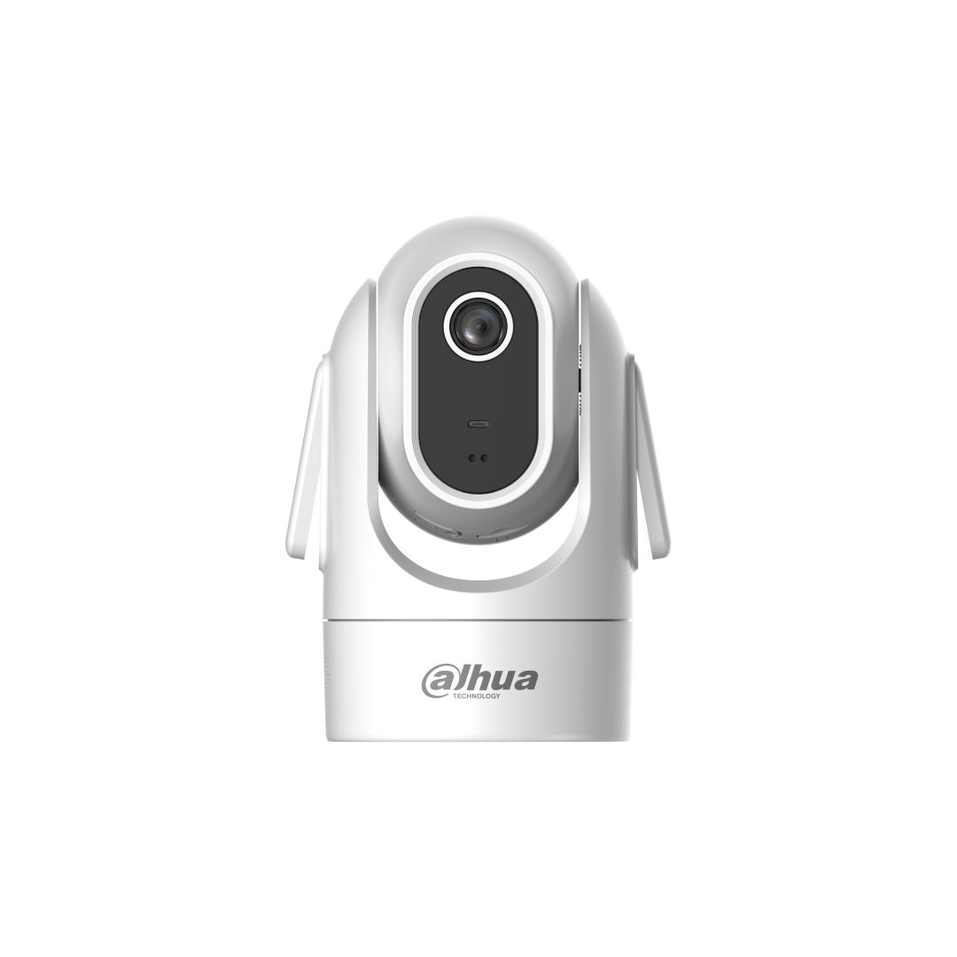Witte Dahua H4C mini indoor PT-beveiligingscamera met draaibare lens, zwarte camera-unit en twee zijantennes.