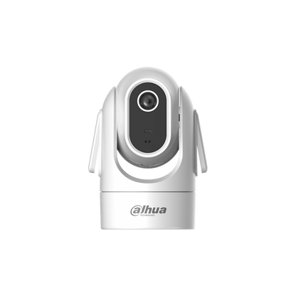 Witte Dahua H4C mini indoor PT-beveiligingscamera met draaibare lens, zwarte camera-unit en twee zijantennes.