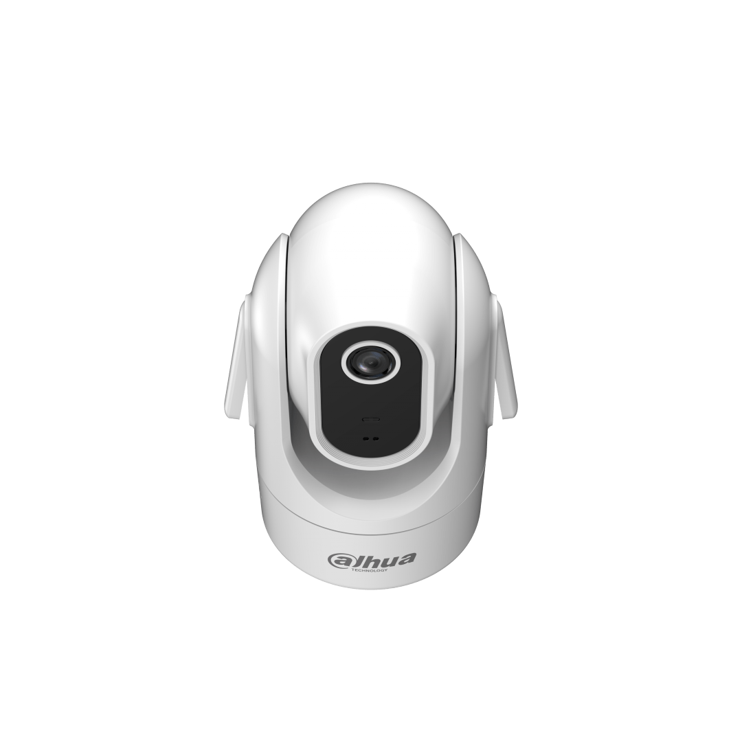 Witte Dahua H4C mini indoor PT-beveiligingscamera met draaibare lens en Wi-Fi antennes op een witte achtergrond.