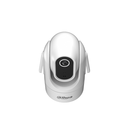 Witte Dahua H4C mini indoor PT-beveiligingscamera met draaibare lens en Wi-Fi antennes op een witte achtergrond.