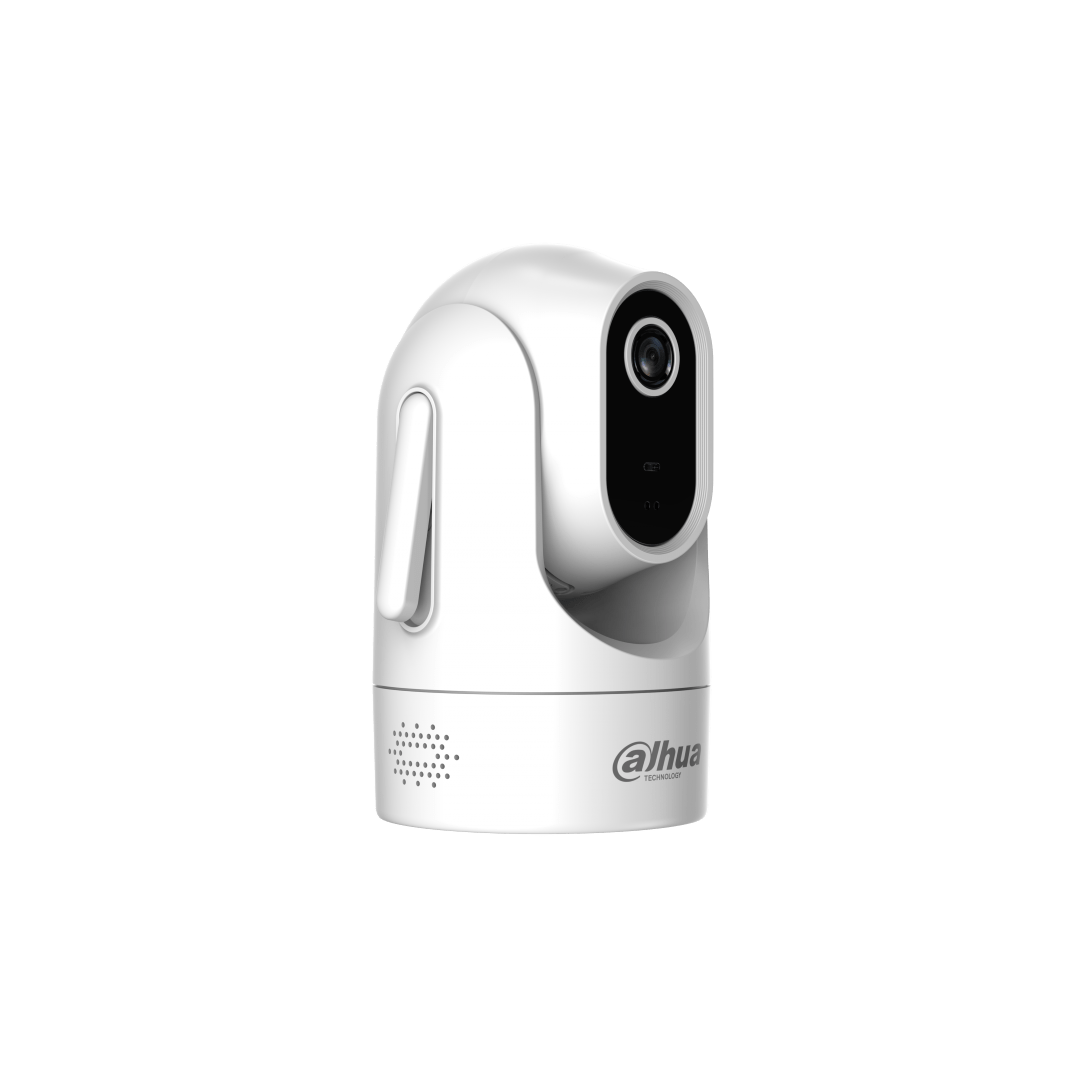 Witte Dahua H4C mini PT-beveiligingscamera met draaibare lens en zwart glanzend frontpaneel voor binnengebruik.