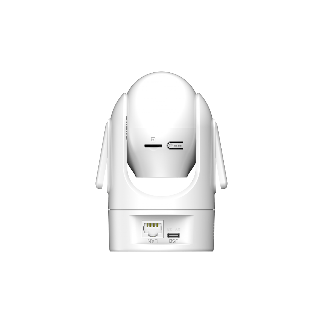 Witte Dahua H4C mini PT-beveiligingscamera met LAN-poort, USB-C aansluiting en SD-kaartsleuf op een witte achtergrond.