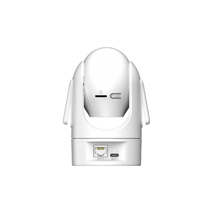 Witte Dahua H4C mini PT-beveiligingscamera met LAN-poort, USB-C aansluiting en SD-kaartsleuf op een witte achtergrond.