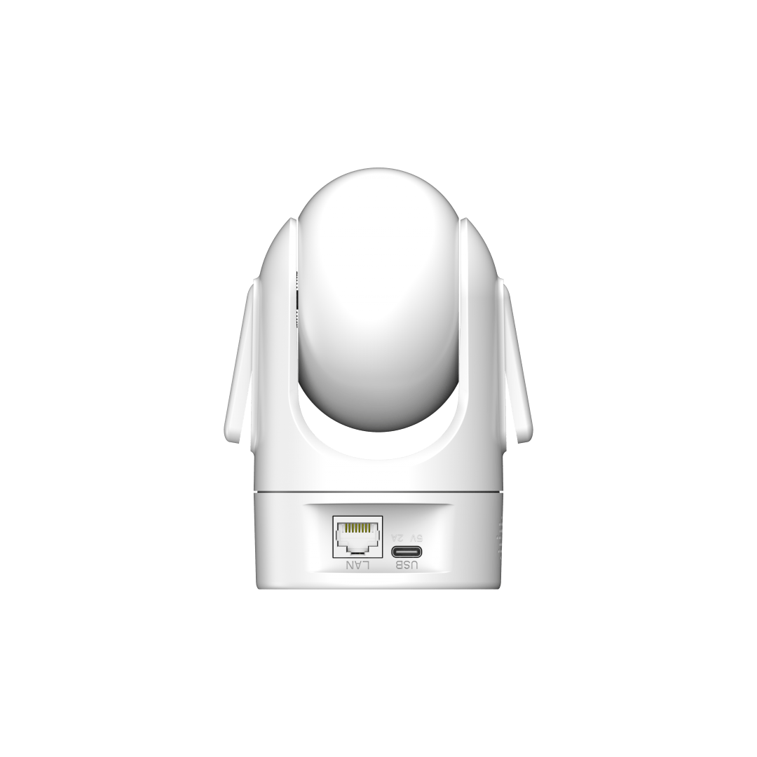 Witte Dahua H4C mini indoor PT-camera met zichtbare LAN-poort en USB-C aansluiting aan de achterzijde.