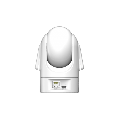 Witte Dahua H4C mini indoor PT-camera met zichtbare LAN-poort en USB-C aansluiting aan de achterzijde.