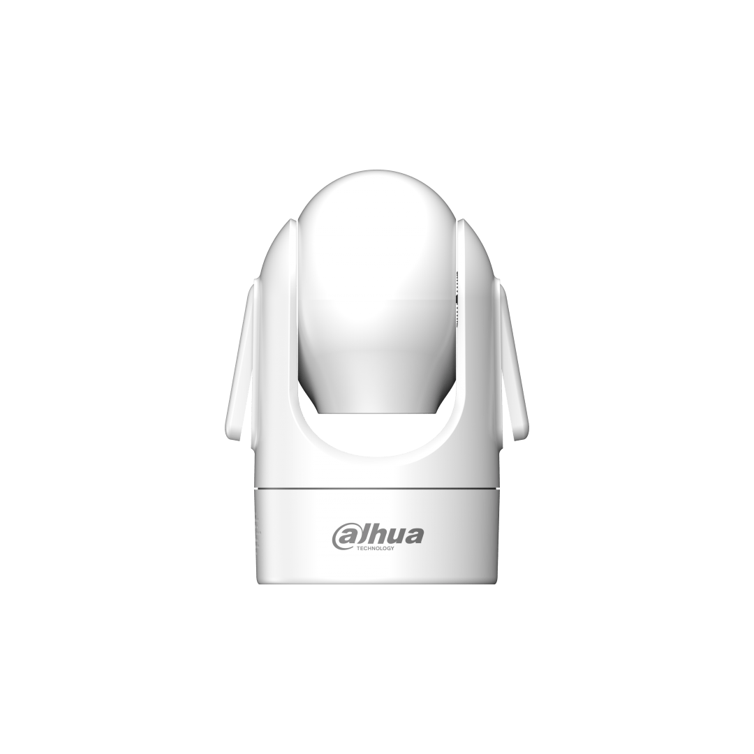 Witte Dahua H4C mini indoor PT-beveiligingscamera met draaibare lens en strak kunststof design.