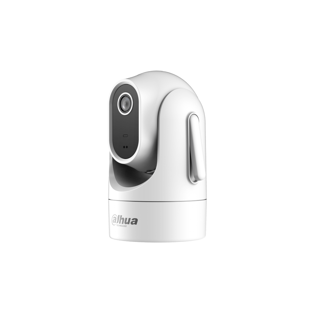 Witte Dahua H4C mini indoor PT-beveiligingscamera met draaibare lens en zwart frontpaneel voor videobewaking.