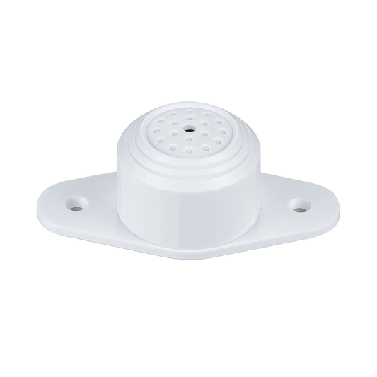 Witte Dahua HAP100 pinhole microfoon met ronde behuizing en montageplaat voor discrete beveiligingsinstallaties.