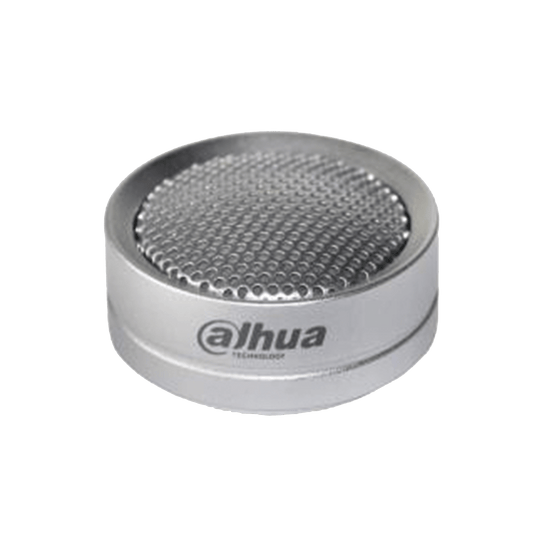 Witte, ronde Dahua HAP120 omni-directionele microfoon met metalen rooster voor beveiligingscamera's.
