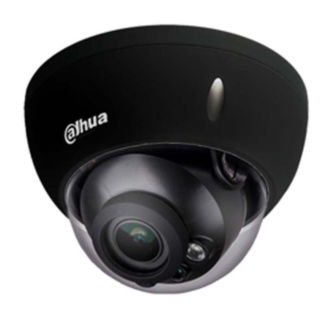 Zwarte Dahua HDBW3841R-ZS-S2 dome beveiligingscamera met 8MP lens en ingebouwde infraroodverlichting.