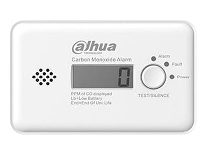 Witte Dahua AirShield gas- en CO-detector met digitaal display, testknop en statusindicatoren voor alarmsystemen.