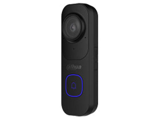 Zwarte Dahua IPC-DB41AB 4MP slimme Wi-Fi videodeurbel met blauw verlichte belknop en compact design.