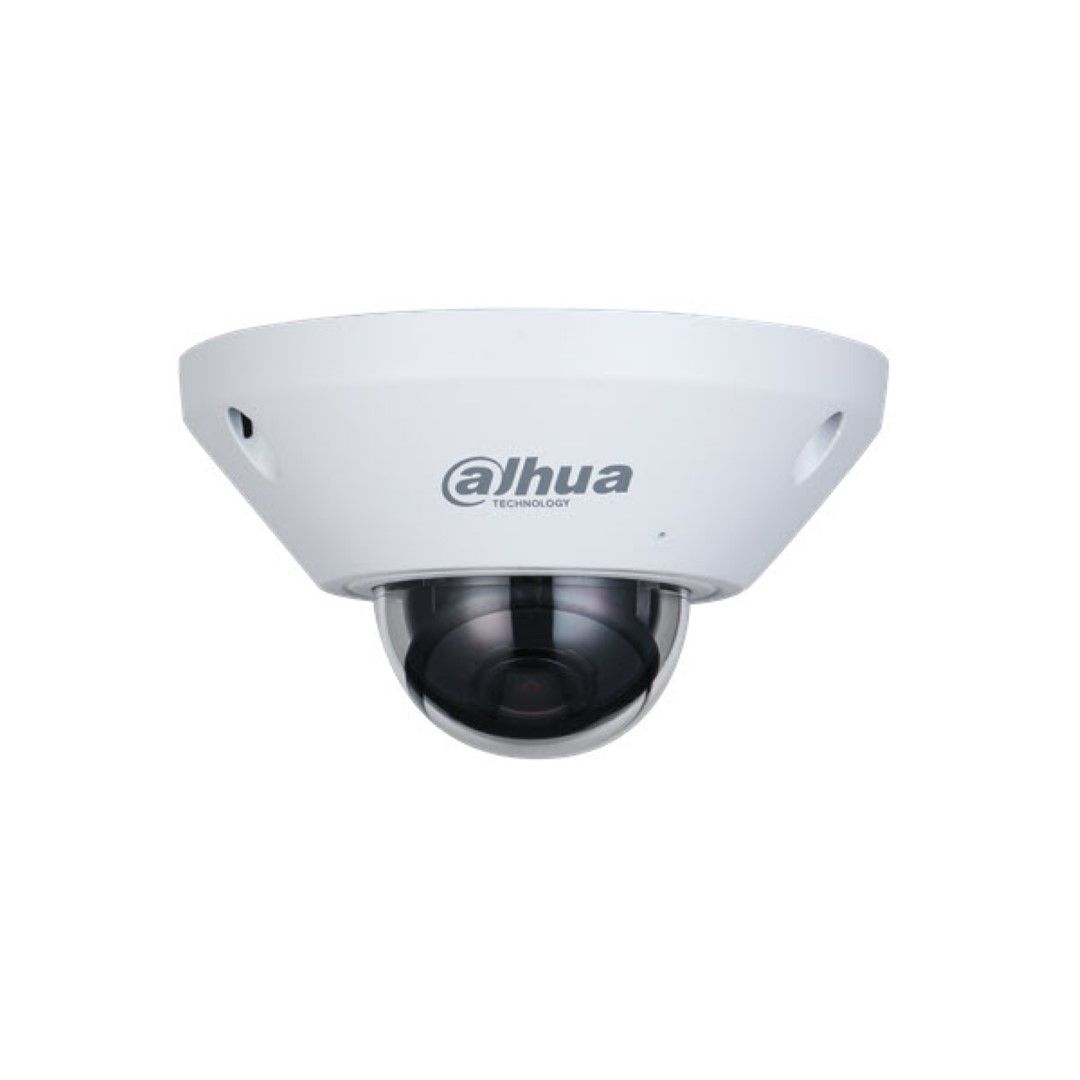 Witte Dahua IPC-EB5541-AS fisheye beveiligingscamera met een koepelvormige lens en robuuste behuizing voor plafondmontage.