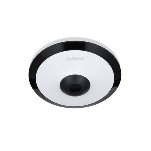 Witte Dahua IPC-EW5541-AS fisheye beveiligingscamera met zwarte lens en rand voor 360 graden bewaking.