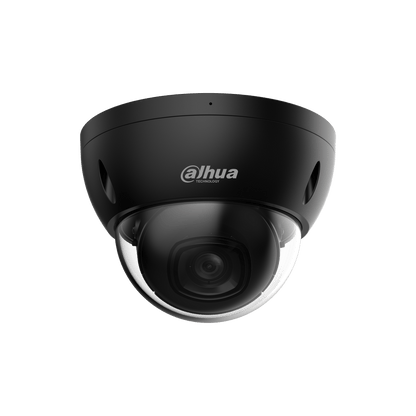 Zwarte Dahua IPC-HDBW2441E-S 4MP dome beveiligingscamera met 2.8mm lens en strak design voor wand- of plafondmontage.
