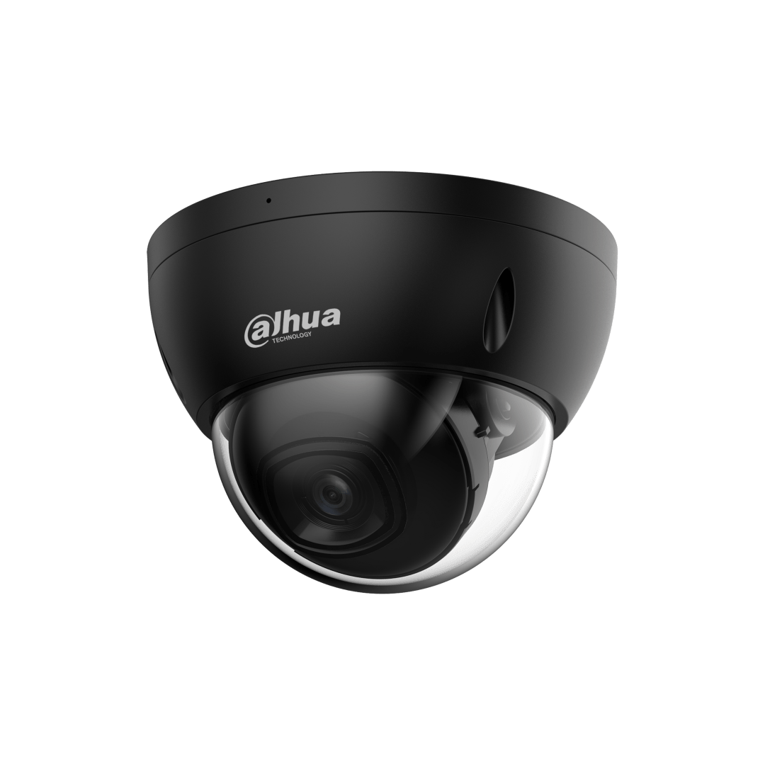 Dahua IPC-HDBW2441E-S 4MP zwarte dome beveiligingscamera met 2.8mm lens en transparante koepel.