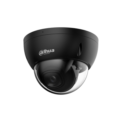 Dahua IPC-HDBW2441E-S 4MP zwarte dome beveiligingscamera met 2.8mm lens en transparante koepel.