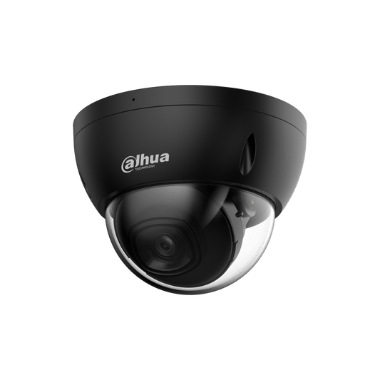 Dahua IPC-HDBW2441E-S 4MP zwarte dome beveiligingscamera met 2.8mm lens en transparante koepel.