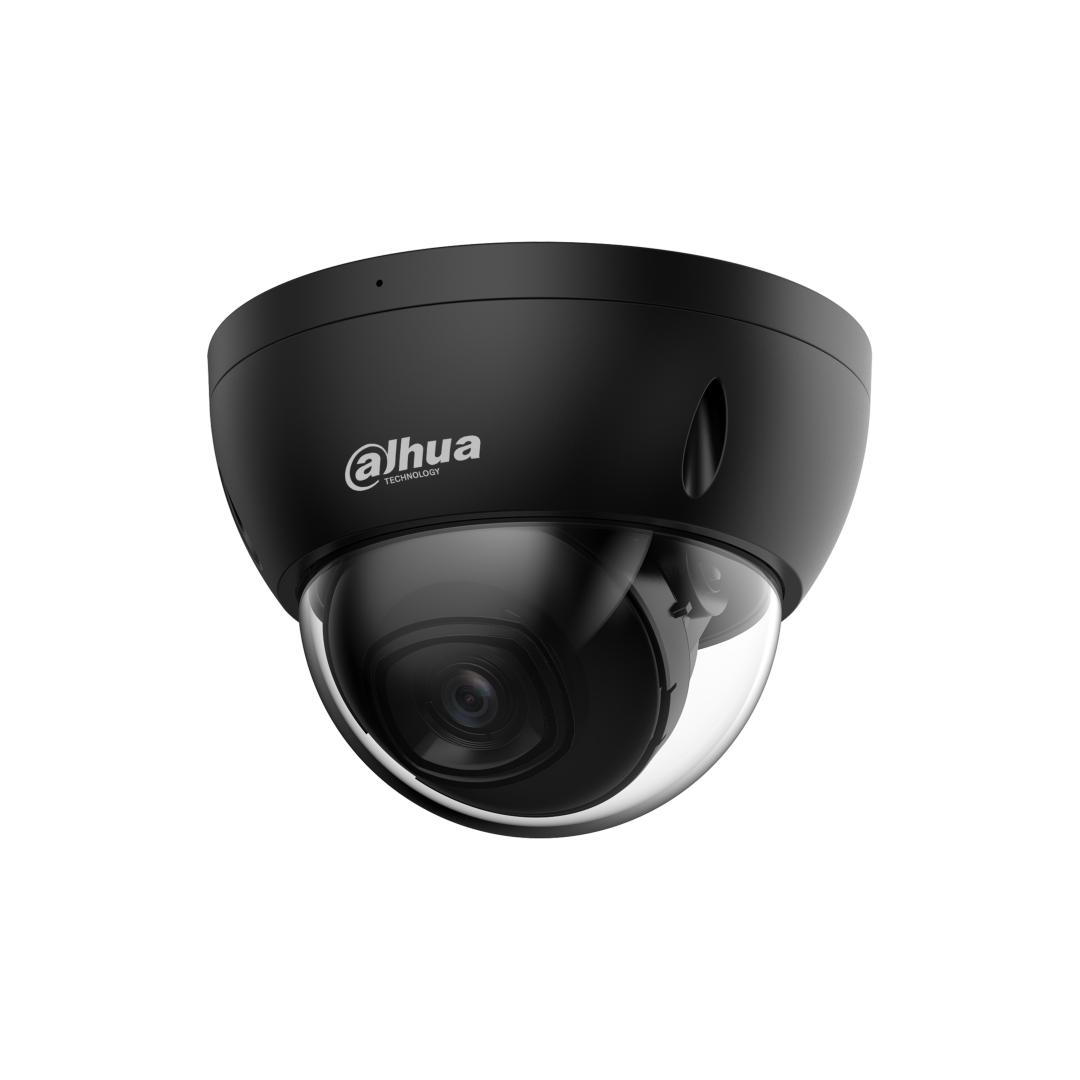 Zwarte Dahua IPC-HDBW2541E-S 5MP dome beveiligingscamera met 2.8mm lens en transparante koepel op witte achtergrond.