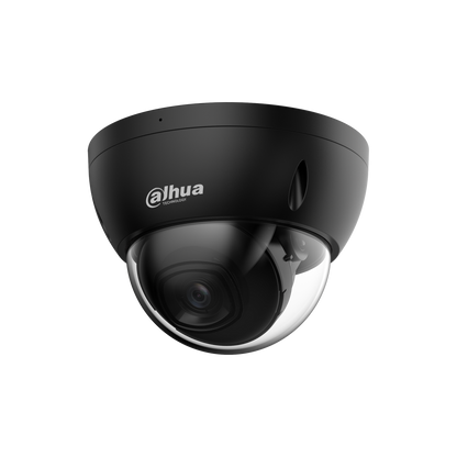 Zwarte Dahua IPC-HDBW2541E-S 5MP dome beveiligingscamera met 2.8mm lens en transparante koepel op witte achtergrond.