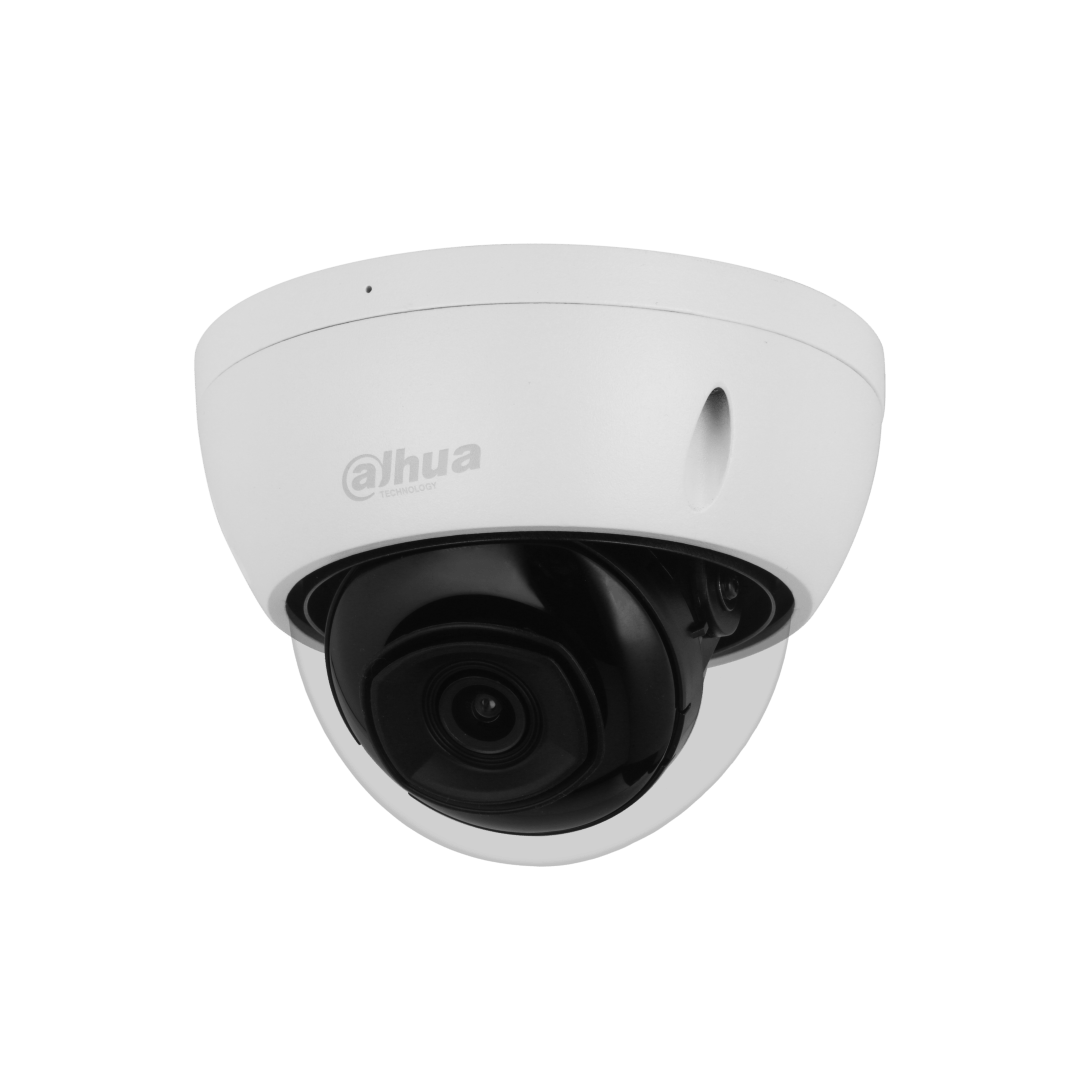 Witte Dahua IPC-HDBW2541E-S dome beveiligingscamera met zwarte lens en 2.8 mm groothoeklens voor 5 MP bewaking.