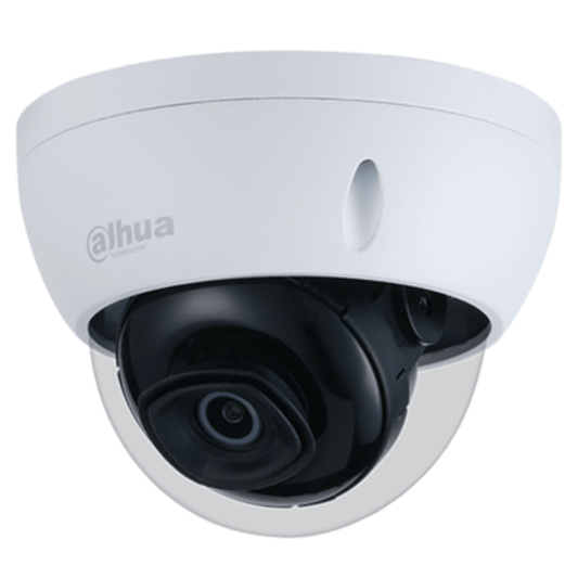 Witte Dahua IPC-HDBW3241E-AS dome-beveiligingscamera met zwarte lens en robuuste vandaalbestendige behuizing.