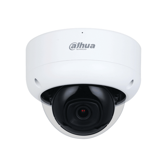 Witte Dahua WizSense dome-beveiligingscamera met zwarte lens en vandaalbestendige behuizing.