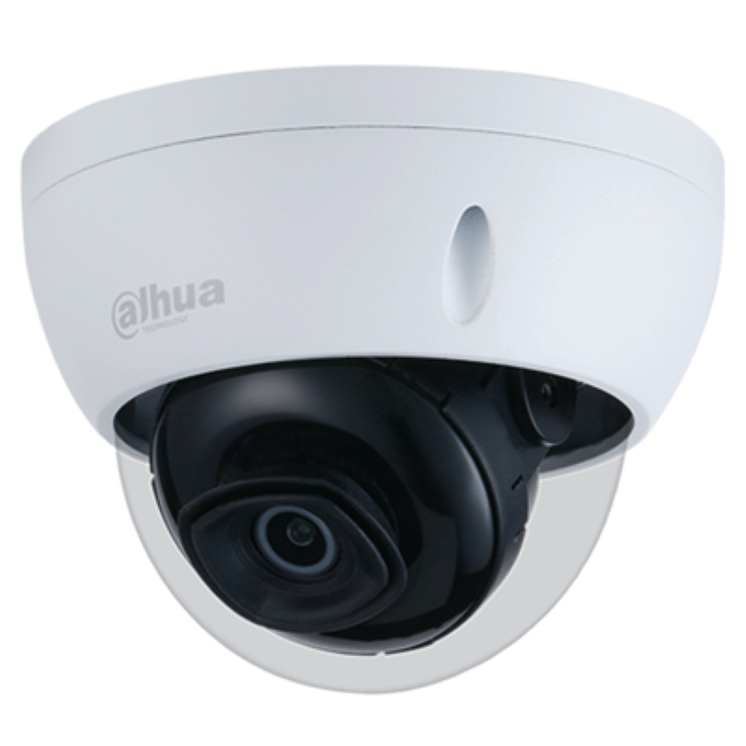 Witte Dahua IPC-HDBW3441E-AS-S2 dome-beveiligingscamera met zwarte lens en robuuste weerbestendige behuizing.