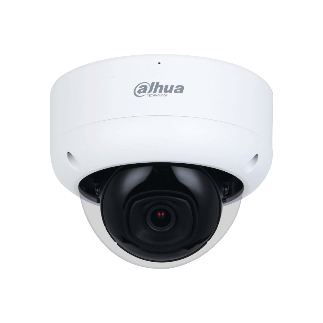 Witte Dahua WizSense dome-beveiligingscamera met zwarte lens en robuuste IK10-behuizing voor buiten.