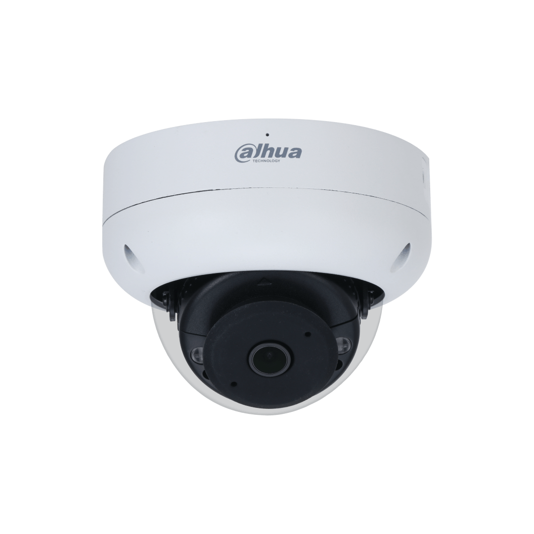 Witte Dahua 4MP dome beveiligingscamera met zwarte lensmodule en ingebouwde IR-verlichting voor nachtzicht.