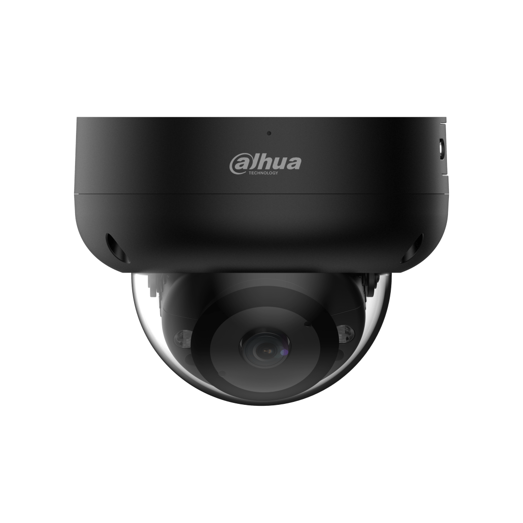 Zwarte Dahua IPC-HDBW3441R-AS-P dome beveiligingscamera met 4MP lens en strak, weerbestendig design.