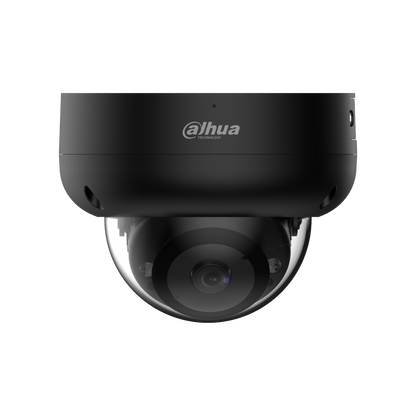 Zwarte Dahua IPC-HDBW3441R-AS-P dome beveiligingscamera met 4MP lens en strak, weerbestendig design.