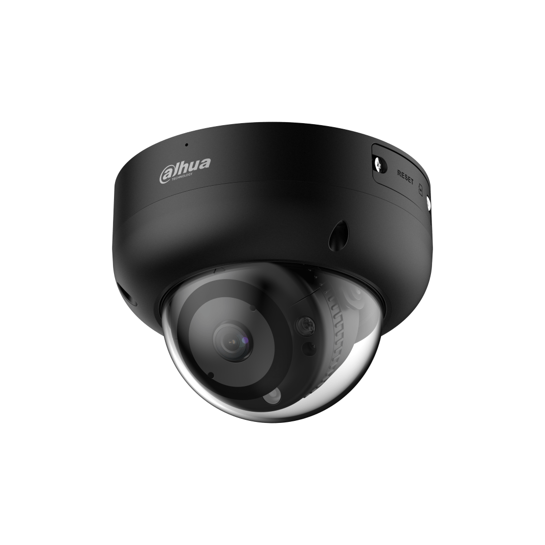 Zwarte Dahua IPC-HDBW3441R-AS-P dome beveiligingscamera met 4MP lens en strak, weerbestendig design.