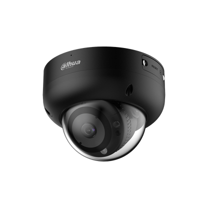 Zwarte Dahua IPC-HDBW3441R-AS-P dome beveiligingscamera met 4MP lens en strak, weerbestendig design.