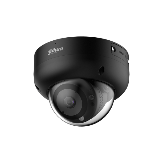 Zwarte Dahua IPC-HDBW3441R-AS-P dome beveiligingscamera met 4MP lens en strak, weerbestendig design.