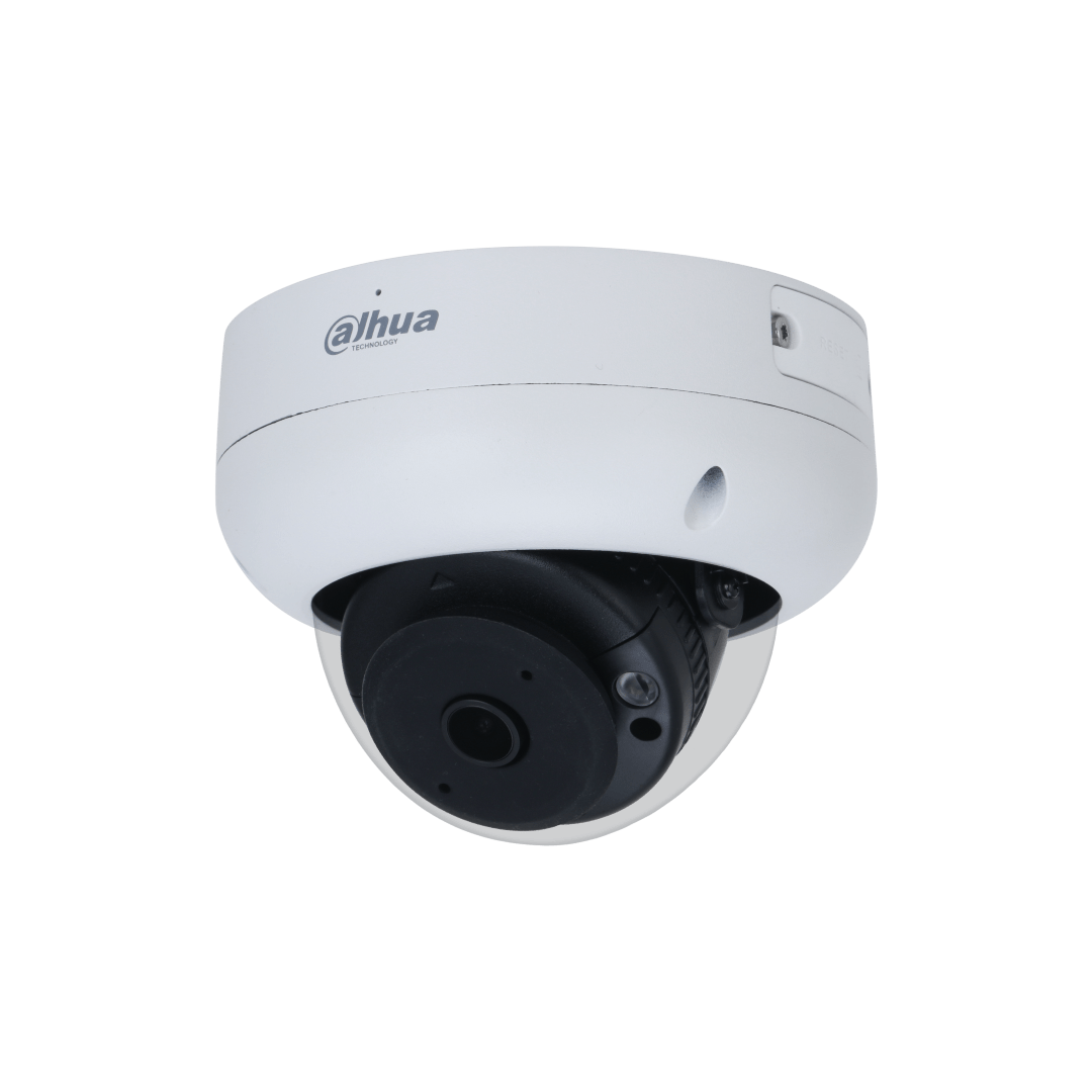 Witte Dahua IPC-HDBW3441R-AS-P dome beveiligingscamera met zwarte lens en strak design voor plafondmontage.